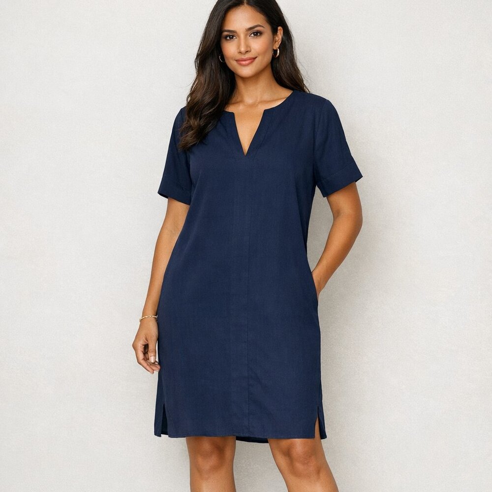 Theory Navy Blue Split V-Neck Short Sleeve Linen Dress, Large